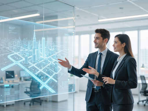 AI技术咨询服务场景，专业技术人员与客户讨论方案，现代化办公室环境，明亮自然光