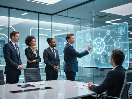 AI系统培训现场，技术人员对客户员工进行操作指导，会议室环境，互动教学场景